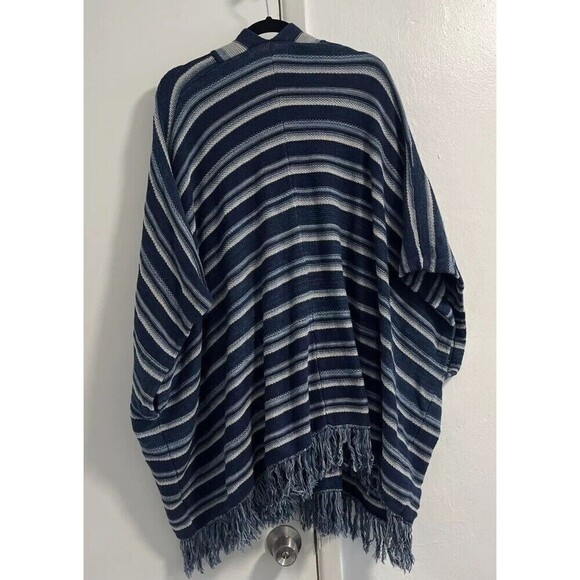 Lauren Ralph Lauren French Navy Striped Cotton Fringe Trim Pancho Cardigan OS - Picture 5 of 8